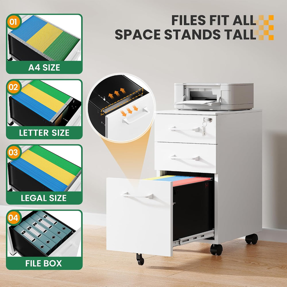 3 Drawer Slim File Cabinet, Mobile File Cabinet with Lock for Home Office, Ro...