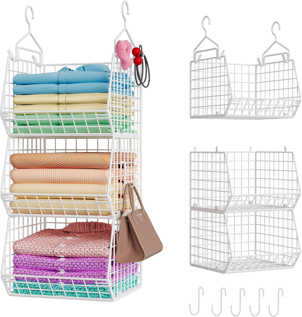 X-cosrack 3 Tier Foldable Closet Organizer, Clothes Shelves with 5 S Hooks, W...