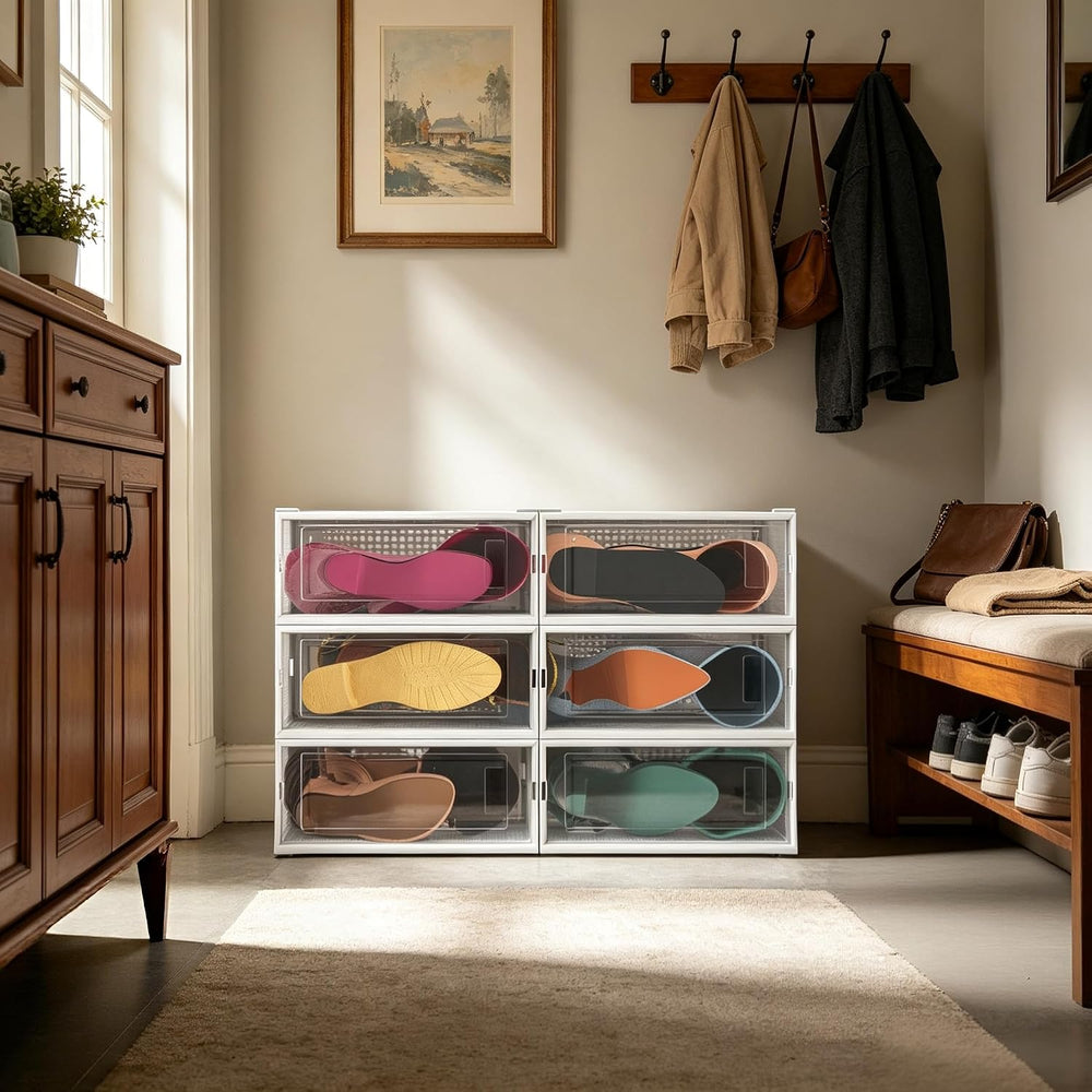 6 Pack Stackable Shoe Storage Boxes, Plastic Shoe Organizer Drawers Bins for ...
