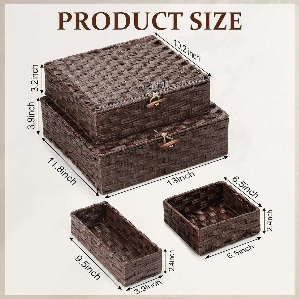 Newtay Set of 4 Woven Wicker Storage Baskets with Lids, Decorative Storage Bo...