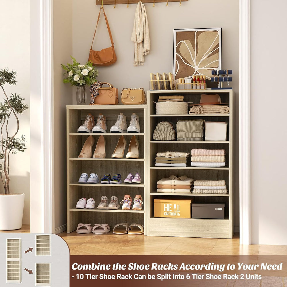 Aheaplus 10 Tiers Tall Shoe Cabinet, 17.7" Narrow Wood Shoe Rack, White Oak