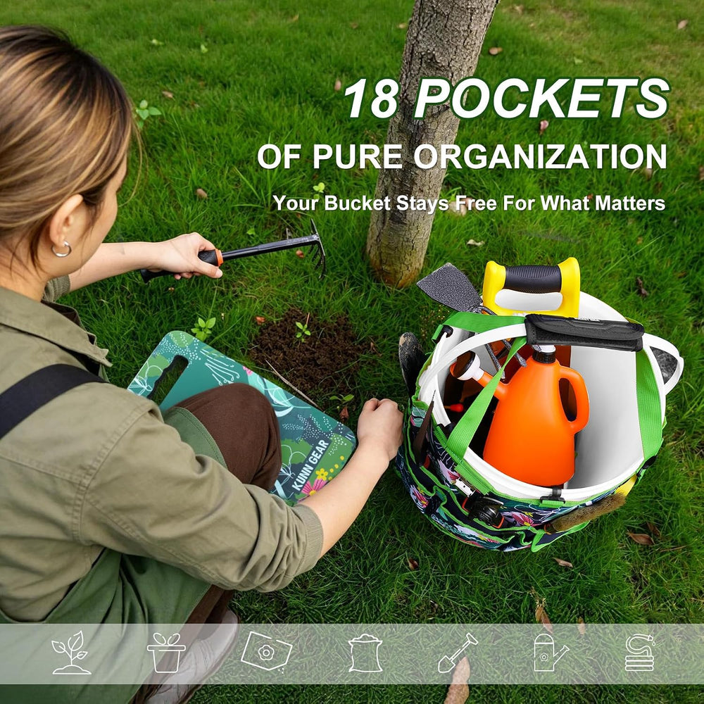 KUNN 5 Gallon Garden Bucket Tool Organizer & Kneeling Pad Set, Green