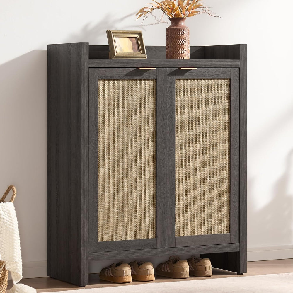 SICOTAS 41" Tall Shoe Cabinet, 24 Pair Shoe Storage Cabinet, Rattan Doors