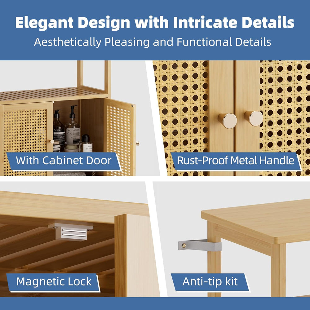 HITNET Rattan Bathroom Storage Cabinet, Bamboo Floor Cabinet with 2 Doors and...