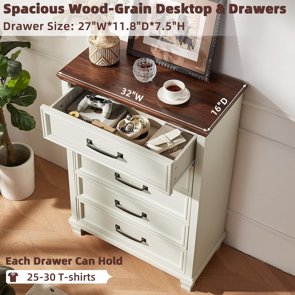 SAVOR LIFE Farmhouse 5 Drawer Dresser for Bedroom, White
