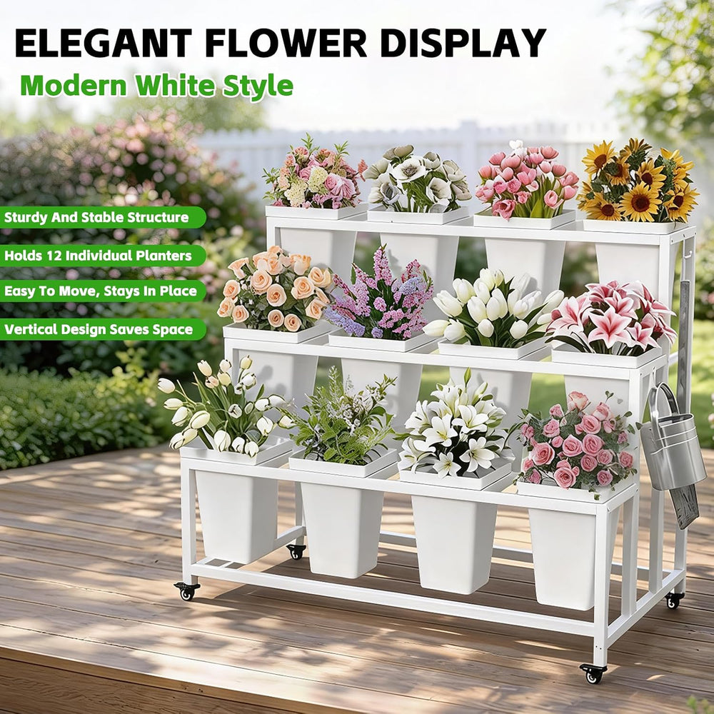 Flower Display Stand with 12 Buckets & Wheels – 3-Tier Mobile Flower Cart...