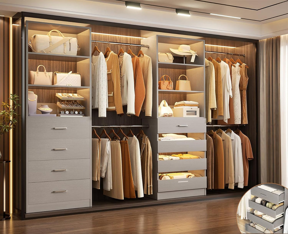 Aheaplus Closet System, 6-15Ft Closet Organizer with 8 Wooden Drawers