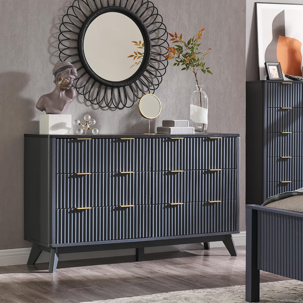 T4TREAM 54" Wide Fluted 6 Drawer Dresser for Bedroom, Dark Grey
