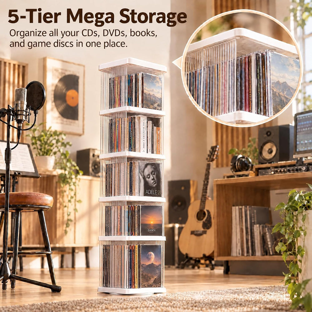 Heavy Duty 5-Tier Rotating Media Tower Rack for CDs DVDs Books