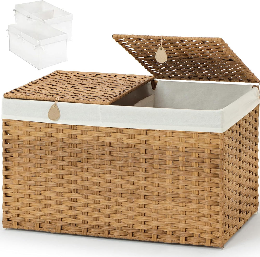 Storage Basket with 2 separate Lid, 105L Handwoven Rattan Shelf Basket with C...