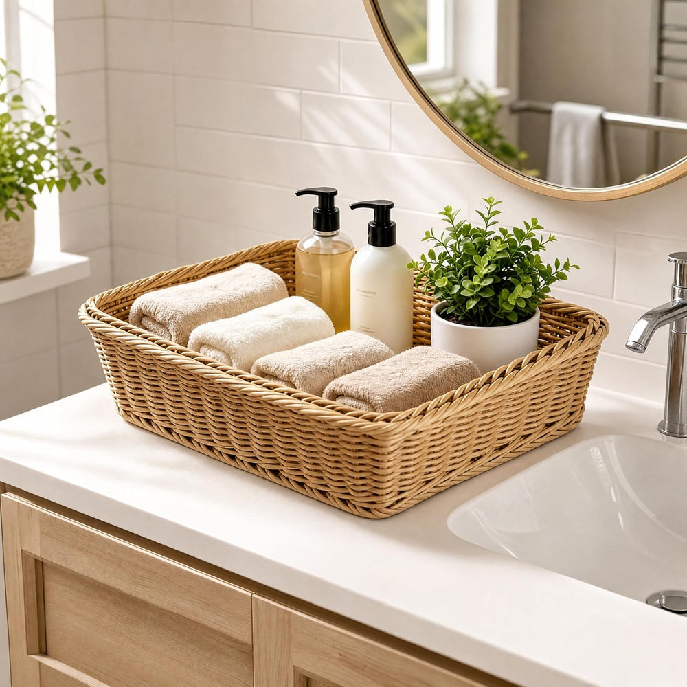 2 Pack Wicker Storage Baskets, 15.7 x 11.8 in Rectangular Faux Rattan Trays