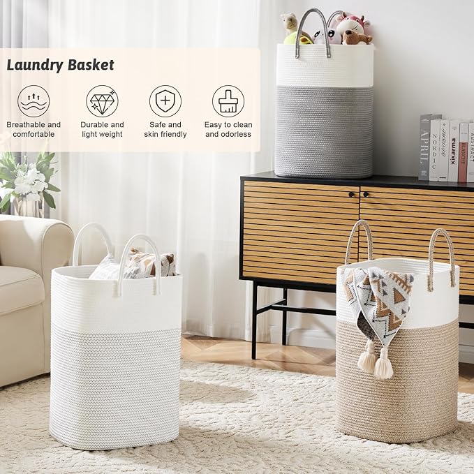 Laundry Basket, Woven Cotton Rope Laundry Hamper, Versatile Storage