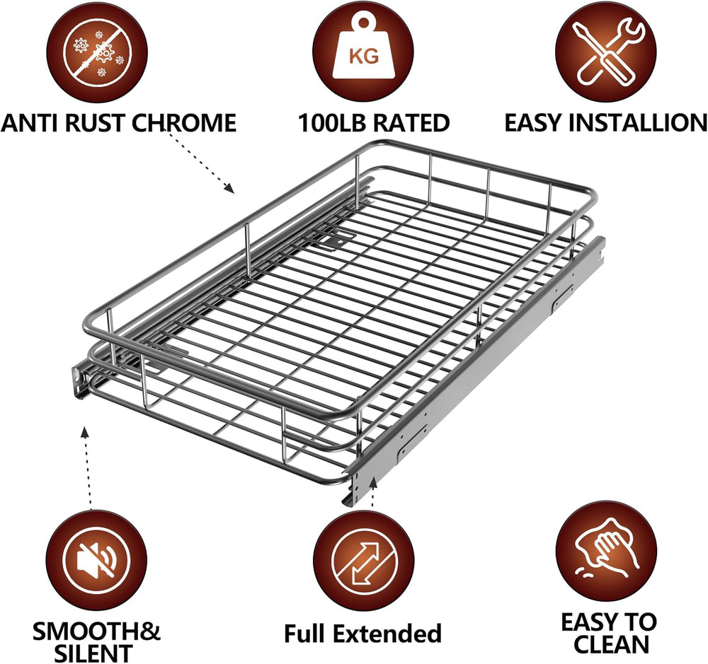 JOWBOOW Pull Out Cabinet Organizer 24" W x 21" D, Chrome-Plated Steel