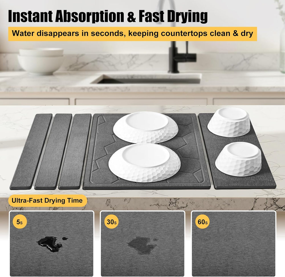 3-in-1 Collapsible Stone Dish Drying Mat, Gray, 24"x16"