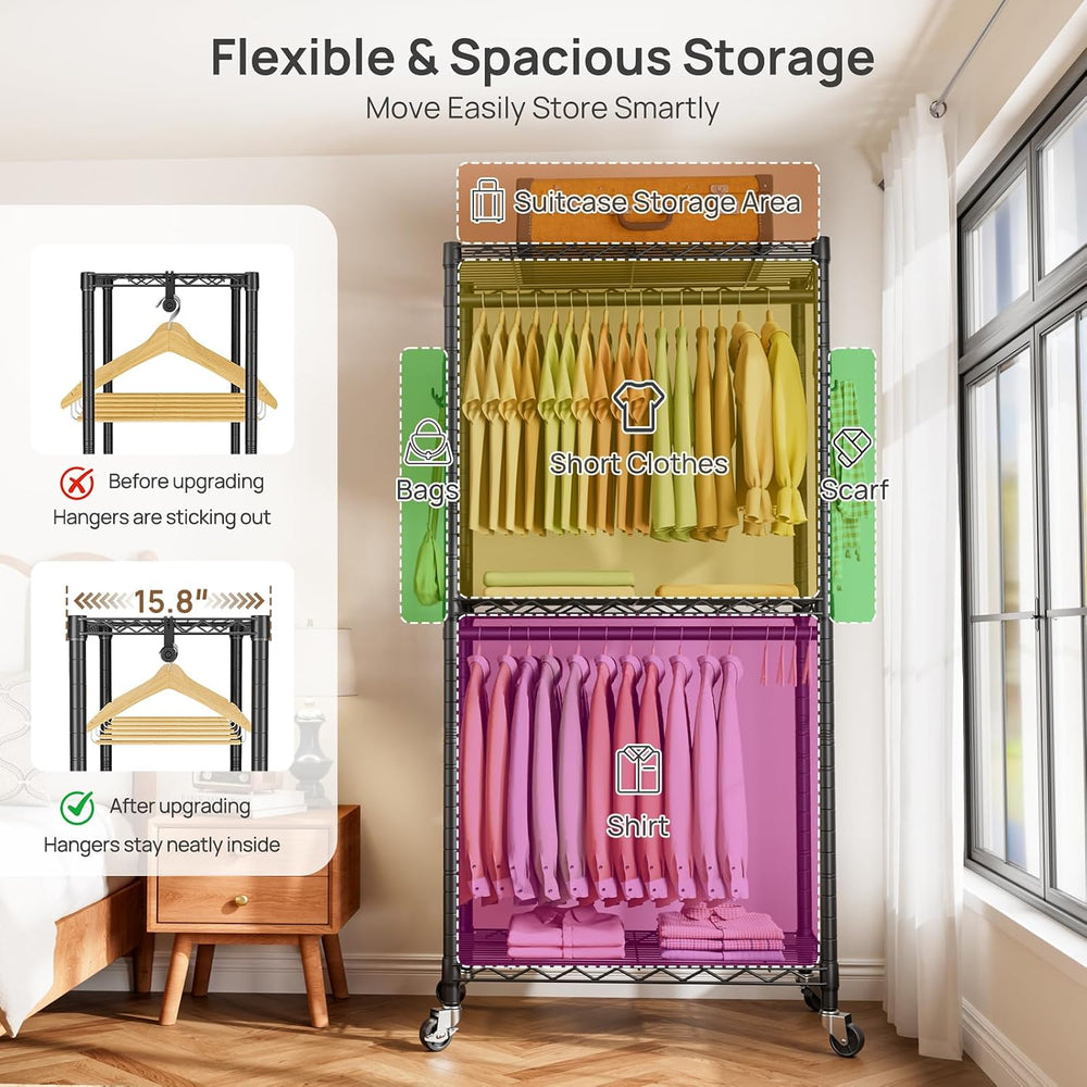 Golpart Heavy Duty Rolling Clothes Rack Wheels Portable Metal Garment Rack