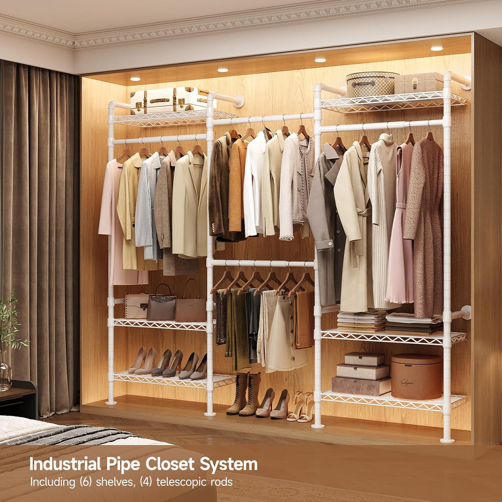 3-Bay Industrial Pipe Closet System, Wall Mounted Garment Racks, White