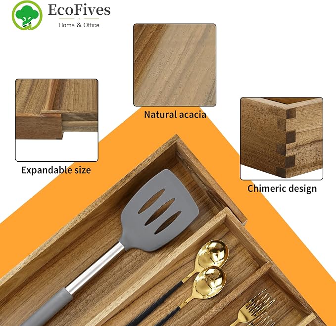 Luxury Acacia Silverware Organizer -Kitchen Drawer Organizer