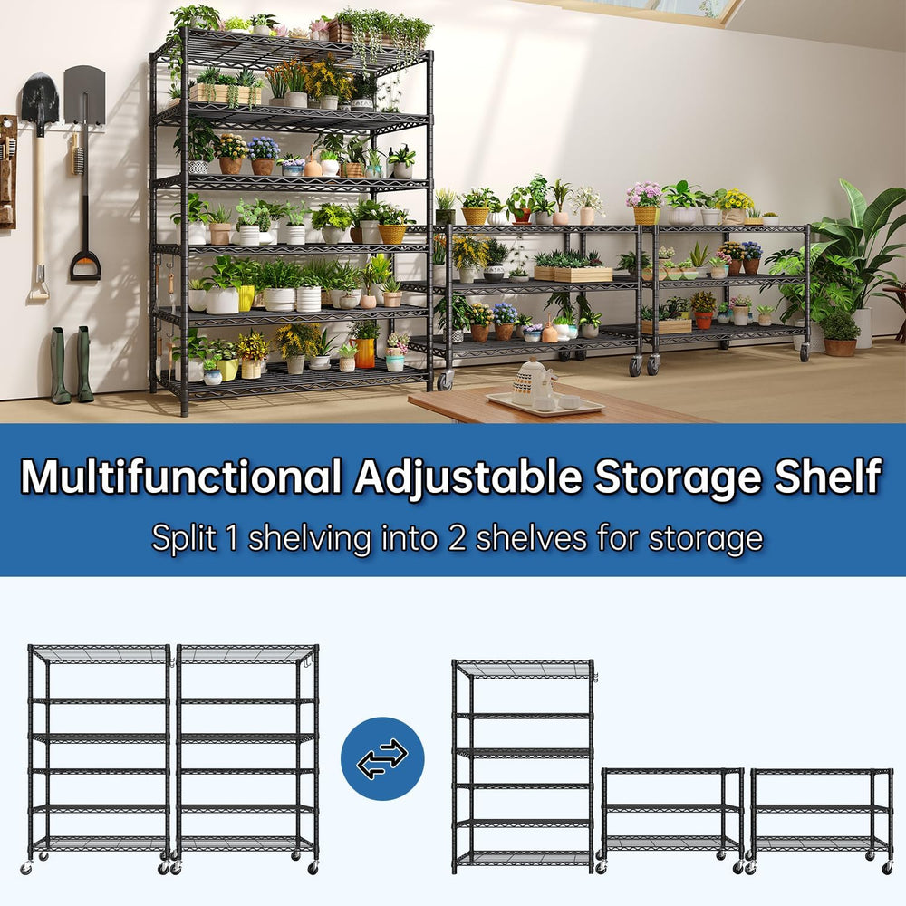 6 Tier 36" W x 16" D x 79" H Rolling Wire Metal Storage Shelve...