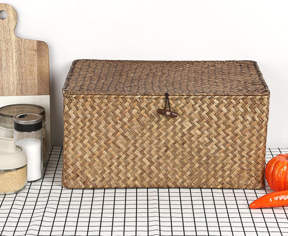 Hipiwe Wicker Shelf Baskets Bin with Lid Woven Storage Box, Coffee X-Large