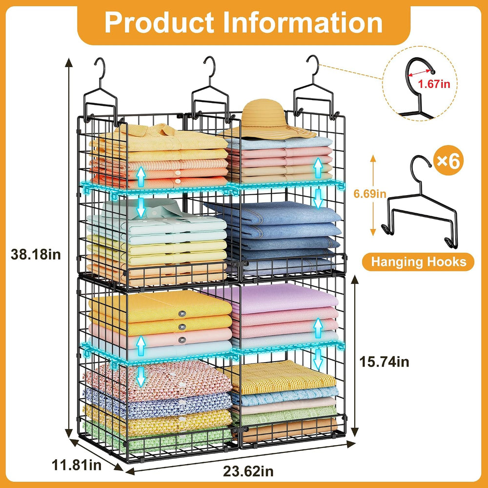 Hanging Closet Organizer with DIY Spacing, Double-Row Closet Hanging Shelves ...