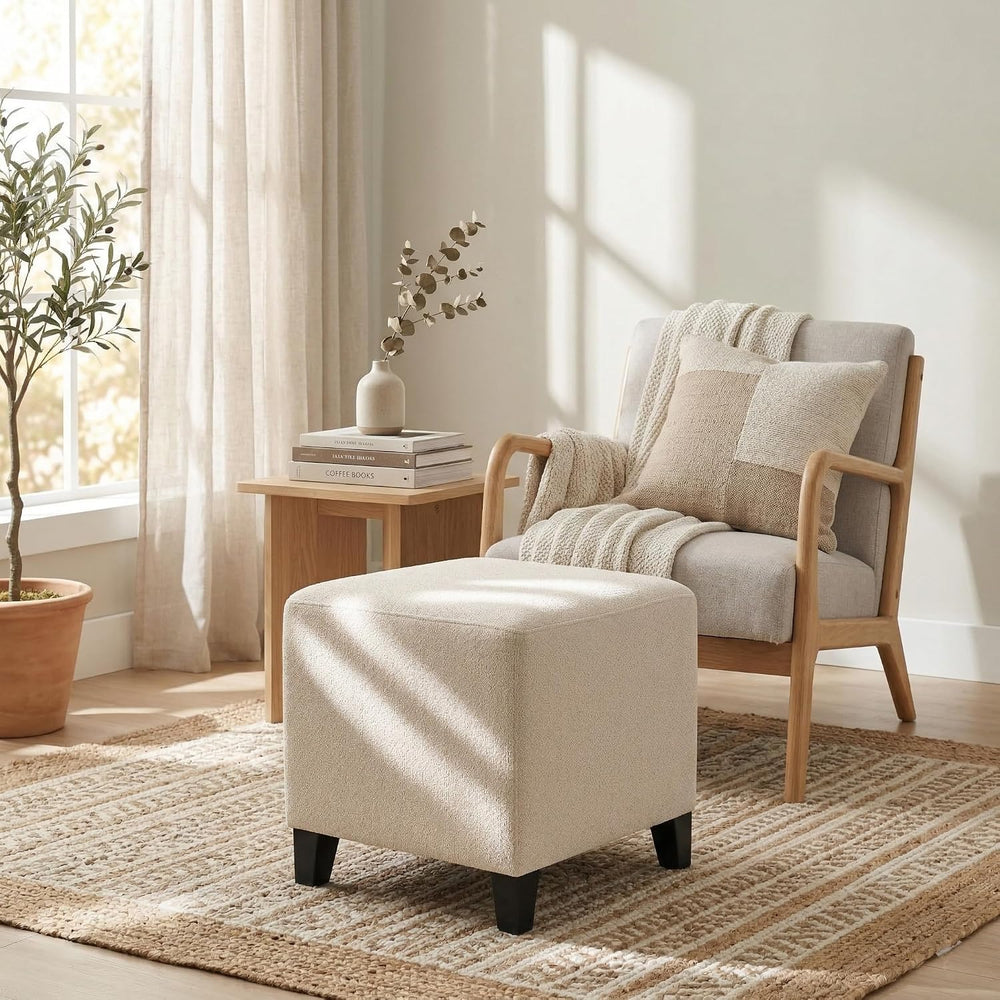 Joveco 16.3" Square Cube Ottoman, Modern Linen Fabric Foot Stool with So...
