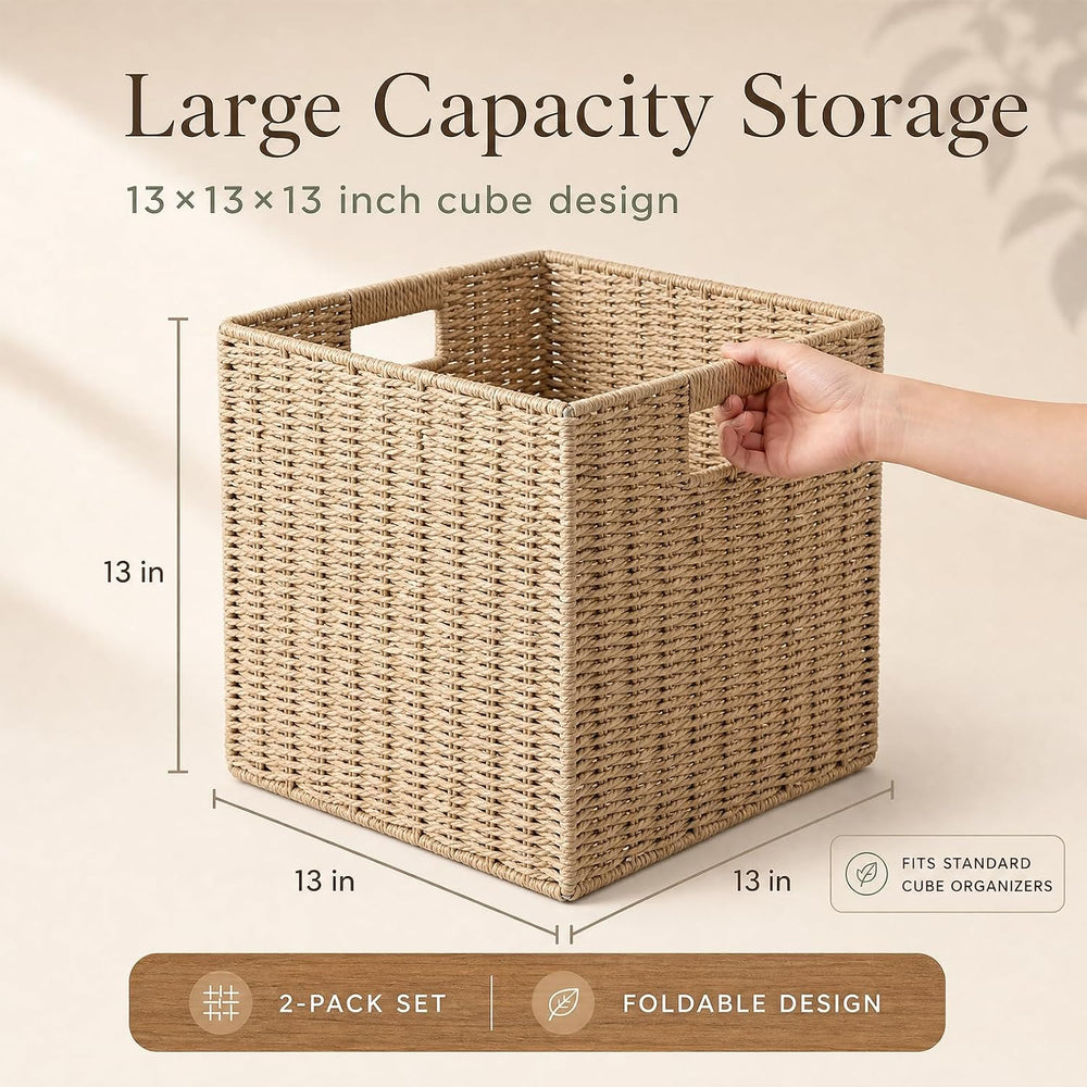 13x13x13 Inch Wicker Storage Basket Set of 2, FAAYUCK Handwoven Storage Cube ...