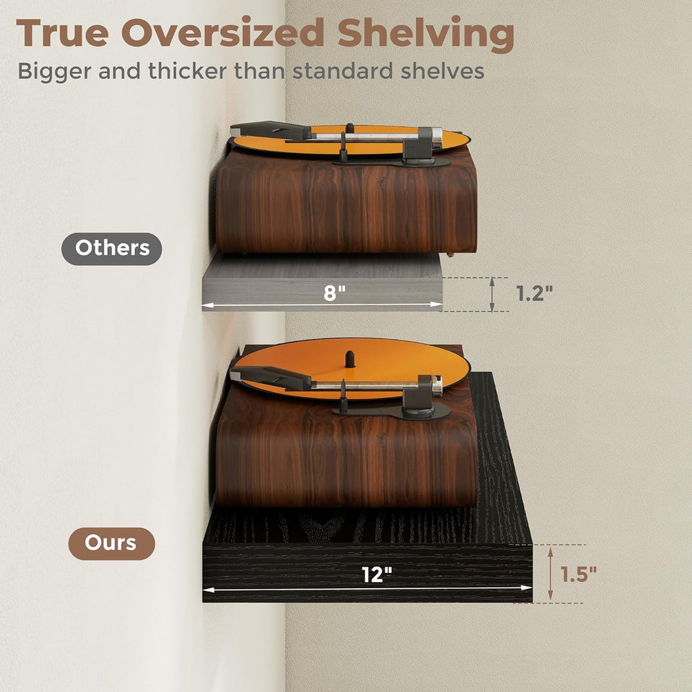 Venusmiles 12 inch Deep Floating Shelves for Wall, 55" Wide, Black, 2-Pack