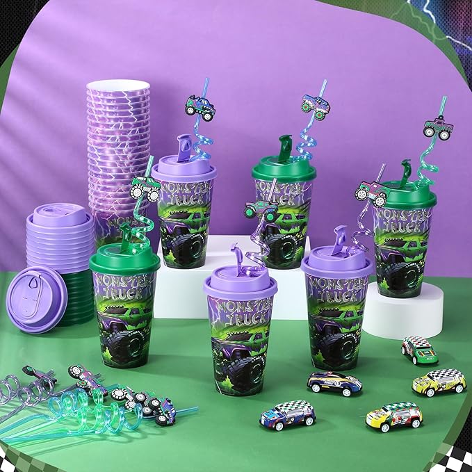 Yungyan 24 Sets Green Purple Monster Truck Party Favors Goodie Cups with Lids...