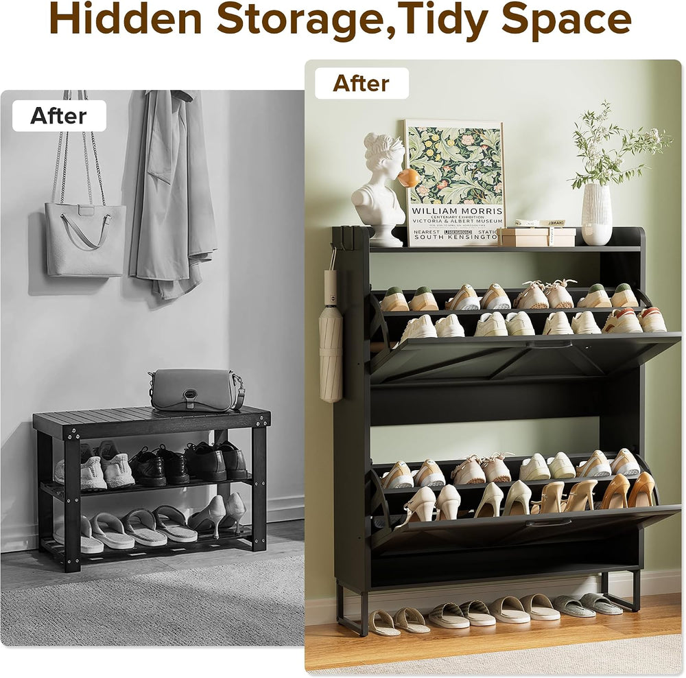 Urban Deco Shoe Cabinet with 2 Flip Drawers, Slim Shoe Storage for Entryway