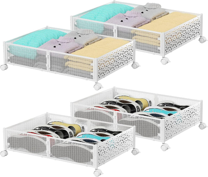 PHINOX Under Bed Storage with Wheels,Patterned,Sturdy Metal,4 Pack,White