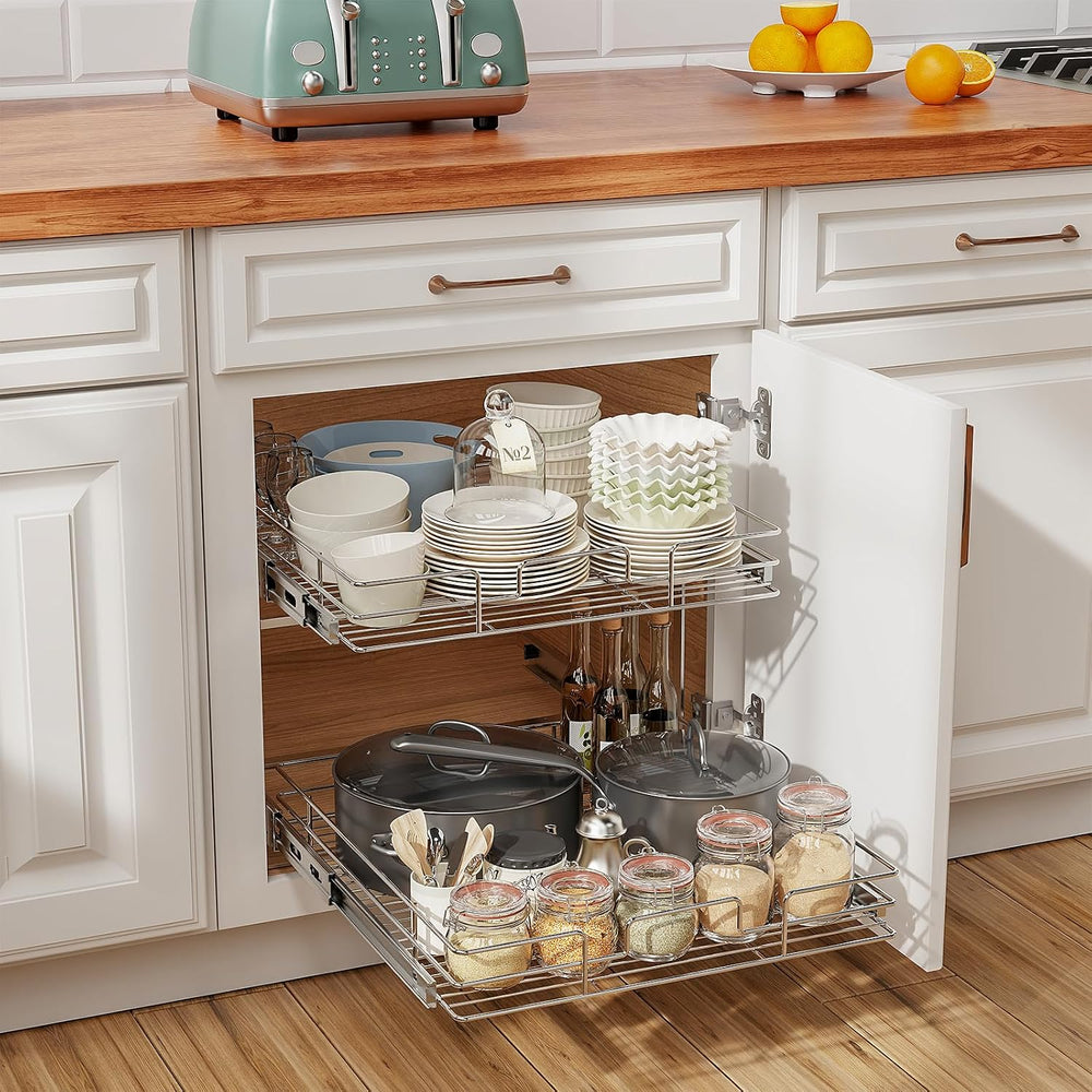 ROOMTEC Slide Out Cabinet Organizer for Kitchen, 2 Tier Pull Out Shelves Slid...