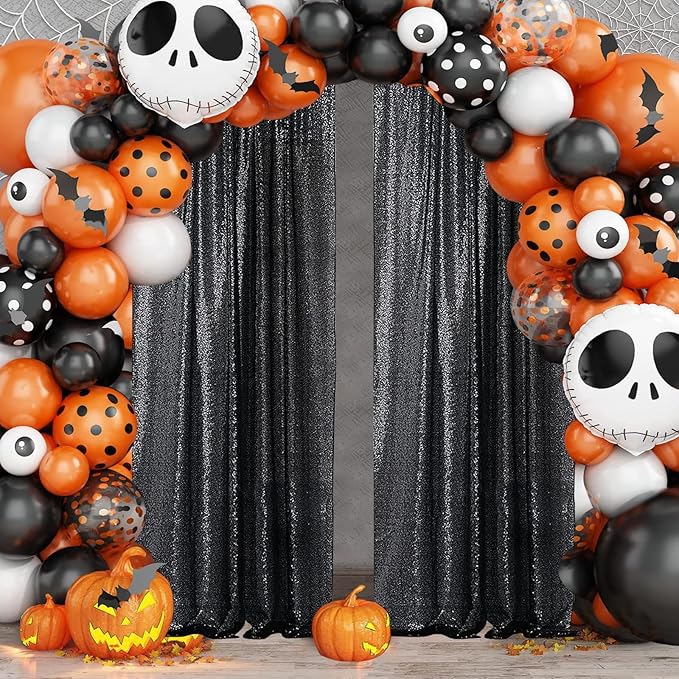 Sugargirl Halloween Black Sequin Backdrop Curtain 4 Panels 2FTx8FT Glitter Bl...