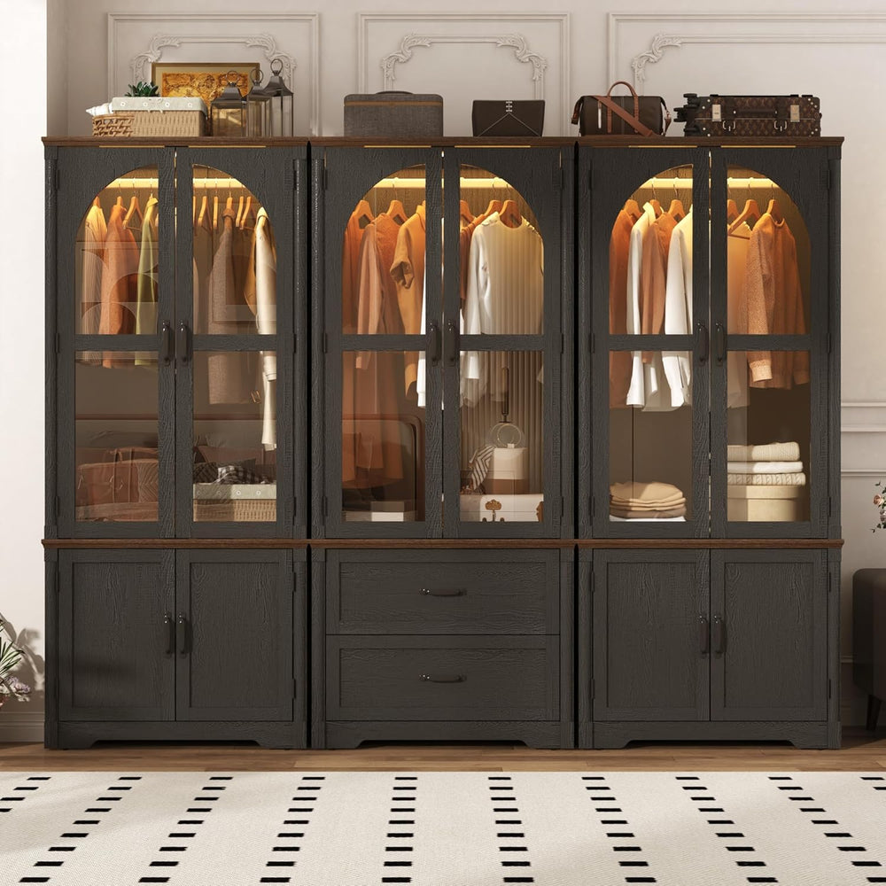 Tall Farmhouse 6 Doors Armoire Wardrobe Closet with LED ,72" Freestandin...