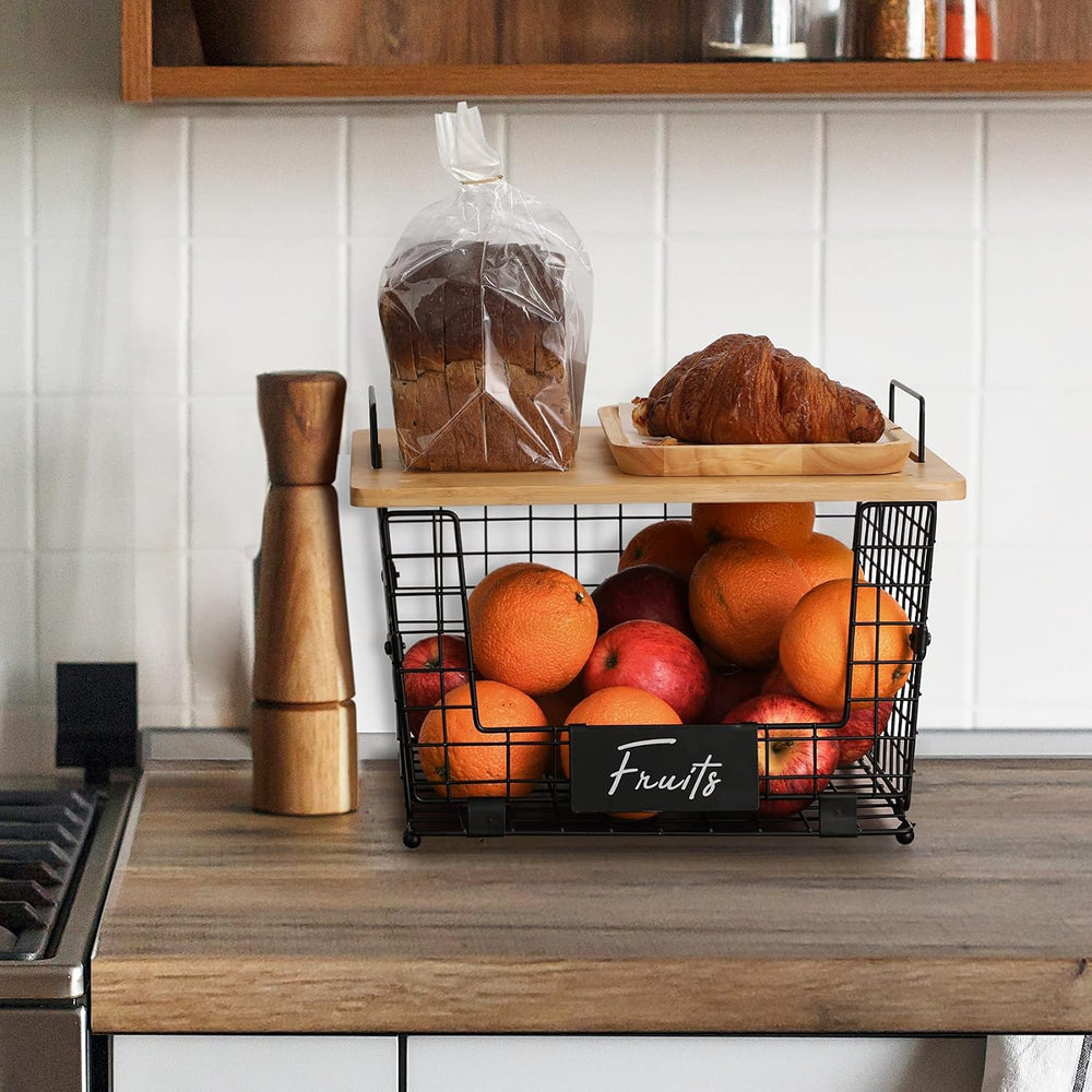 1 Set Stackable Wire Basket with Bamboo Top - Kitchen Counter, Pantry Organiz...