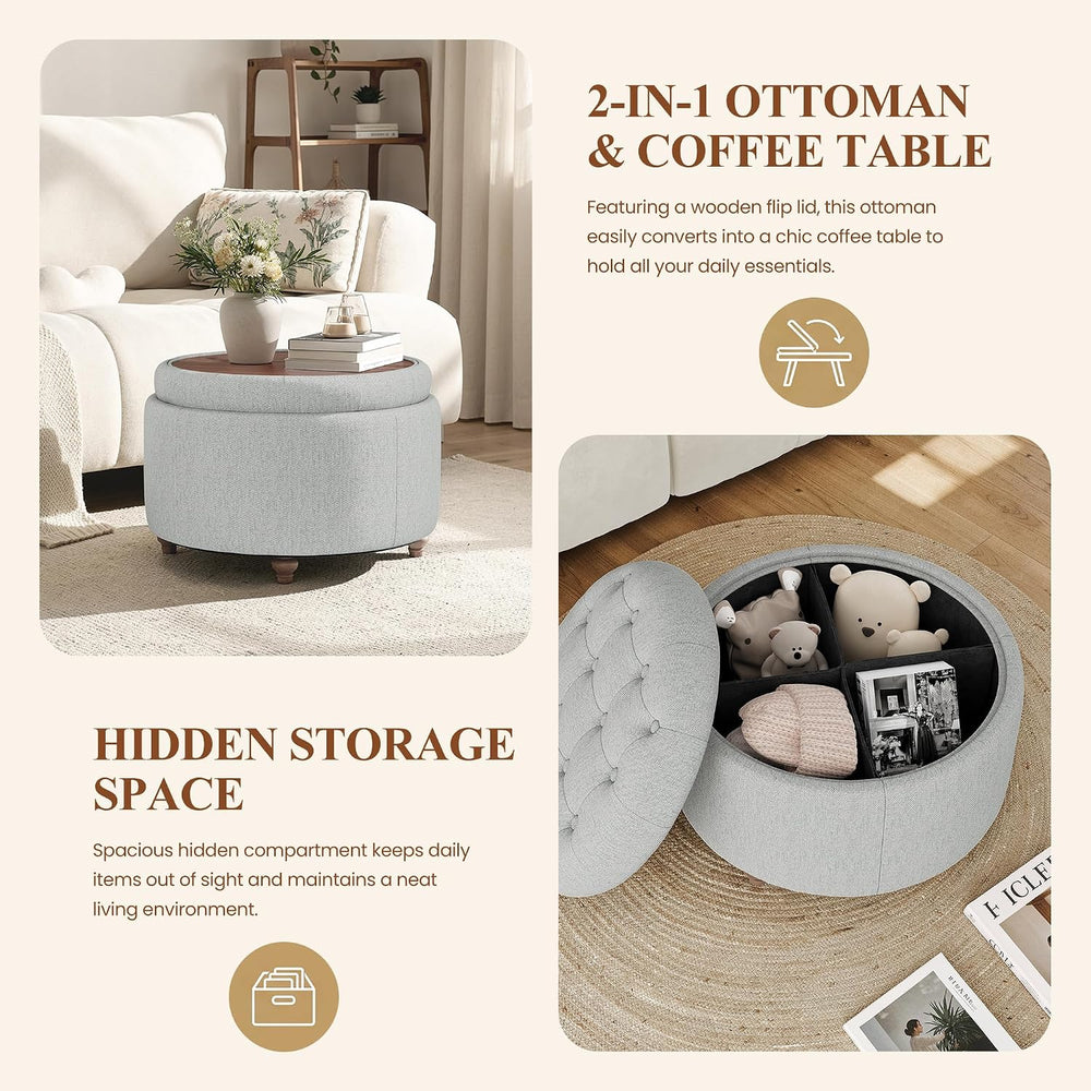 25" Round Ottoman with Storage, Small Coffee Table with Reversible Tray Lid
