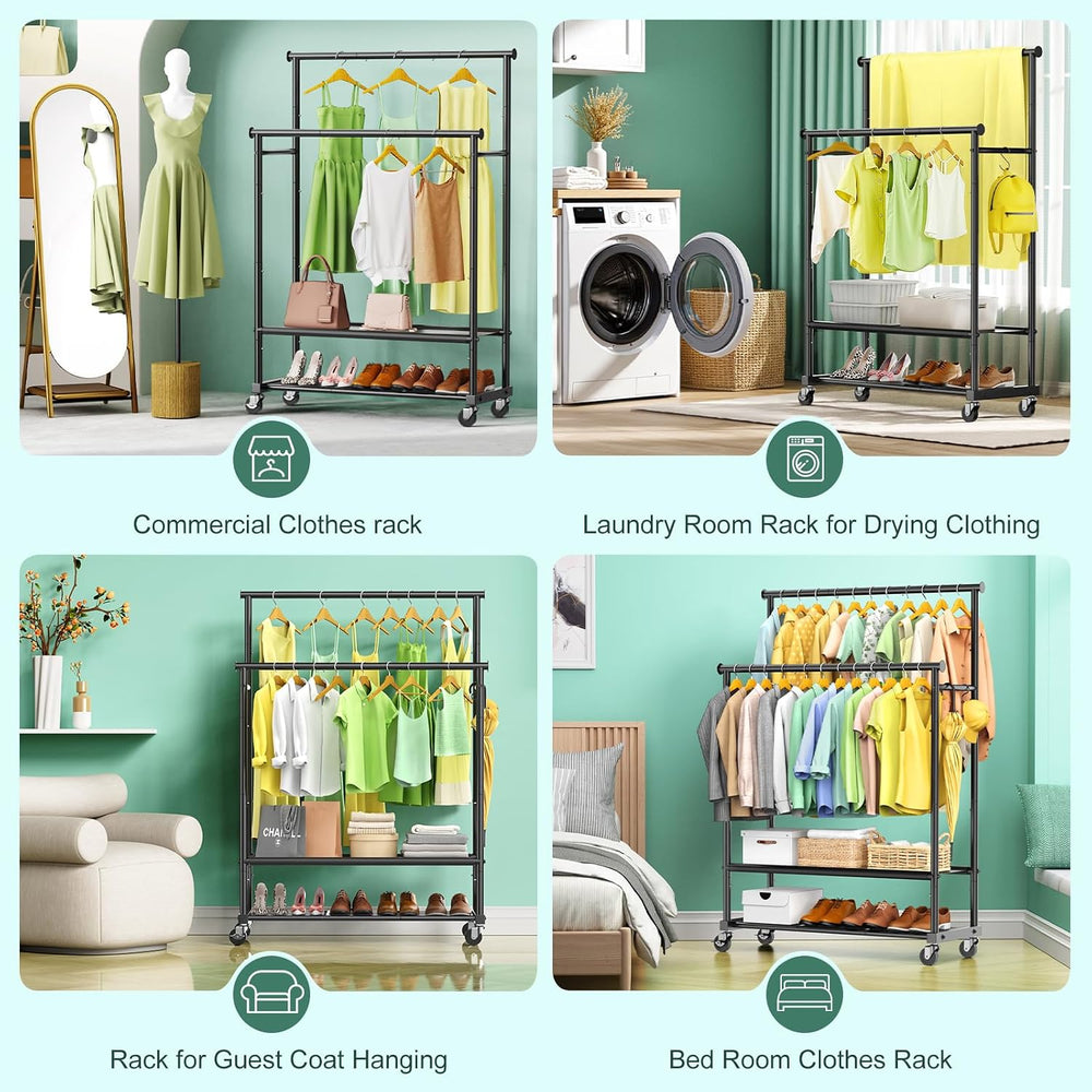 Double Rods Clothes Rack for Hanging Clothes, Heavy Duty Rolling Clothing Rac...