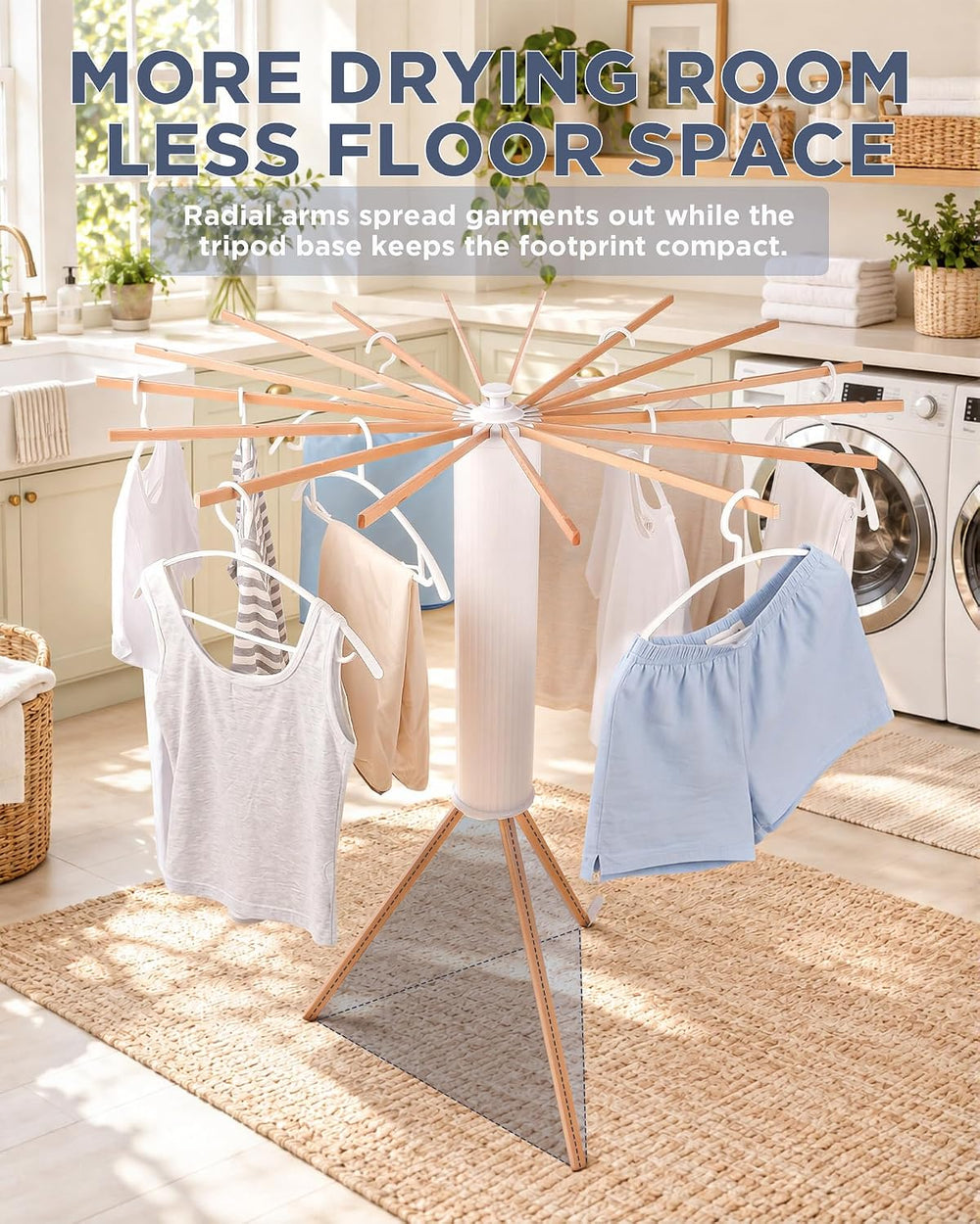 Clothes Drying Rack, Foldable Tripod Laundry Stand, 16 Wooden Arms