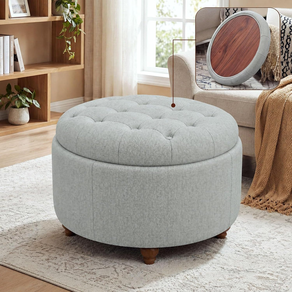 25" Round Ottoman with Storage, Small Coffee Table with Reversible Tray Lid