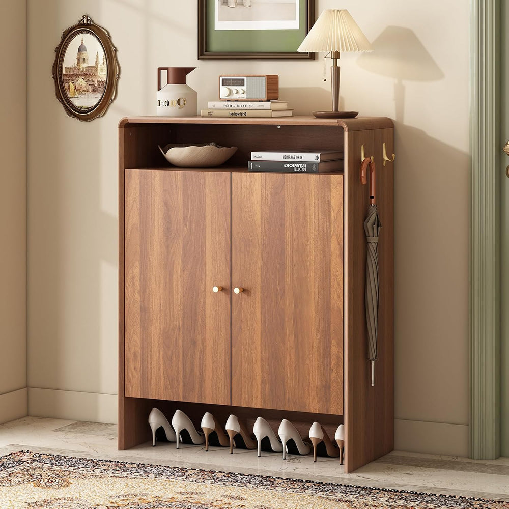 Walnut Shoe Cabinet with Doors, Large Shoe Storage Cabinet for Entryway, Free...