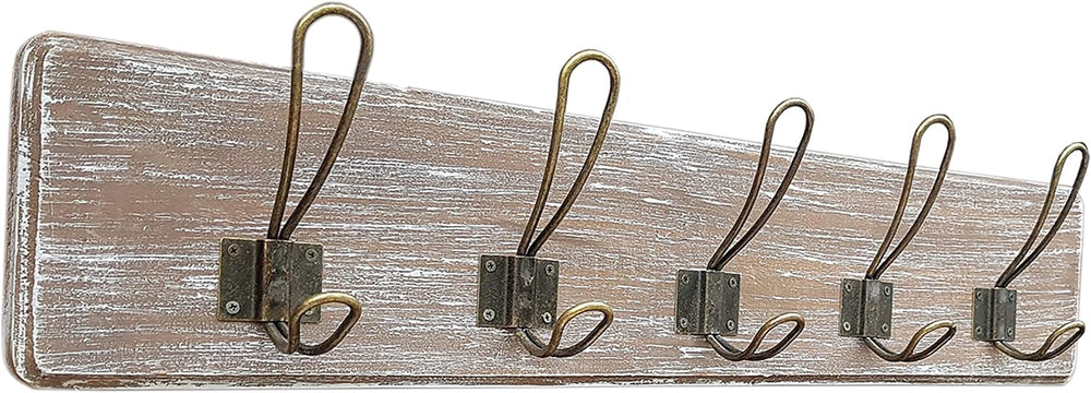 Coat Rack Wall Mount, Reclaimed Wood, 24 Inch, 5 Bronze Hooks, Whitewash