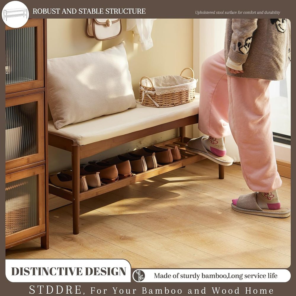 STDDRE Shoe Rack Bench Entryway Bamboo Shoe Storage Bench with Leather Cushio...