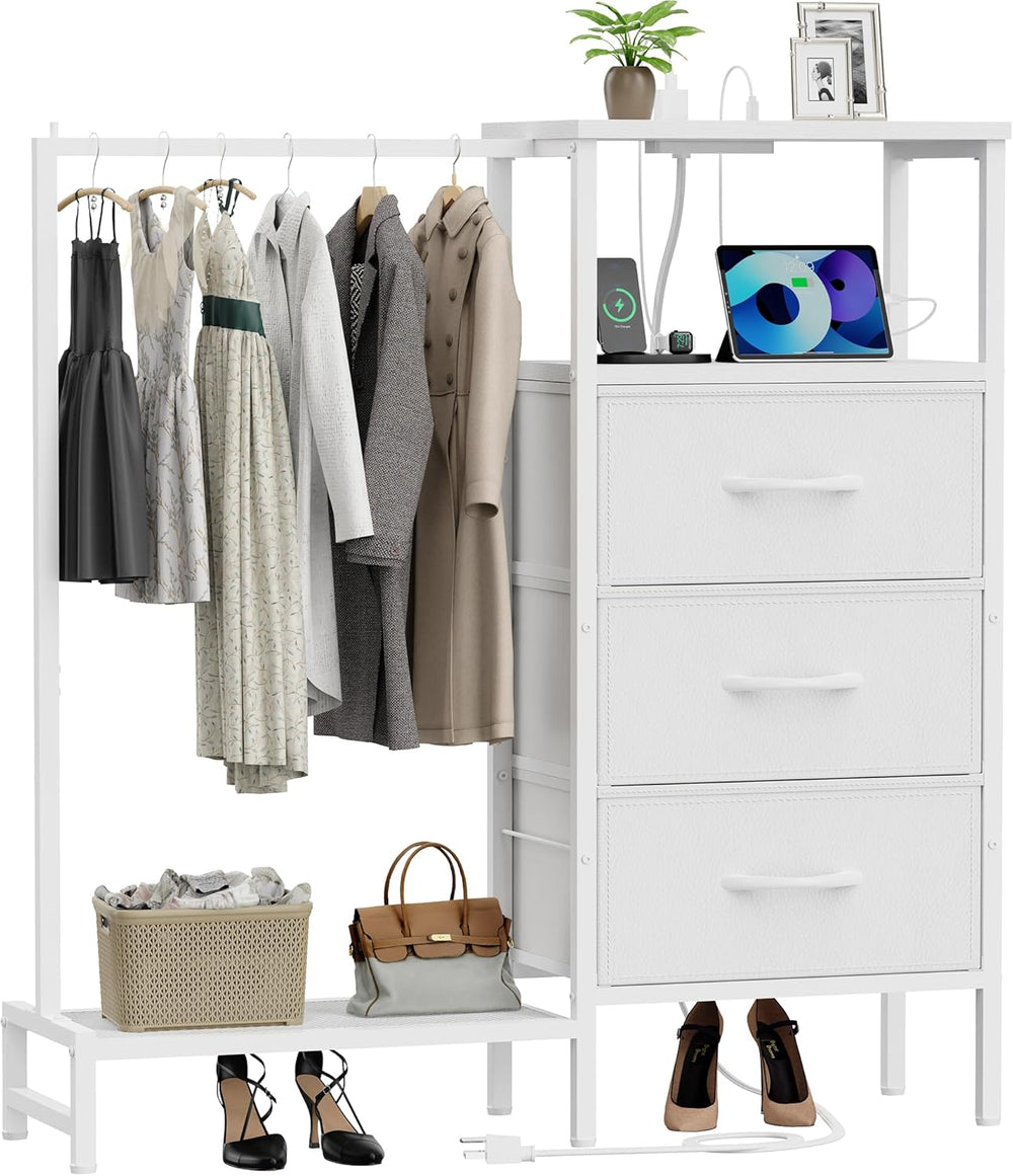 Dresser for Bedroom with Hanging Rack, 3 Drawers Closet with Charging Station...