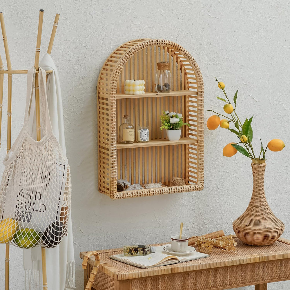 Rattan Wall Shelf - 3 Tier Boho Arch Hanging Shelves Handcraft Floating Shelf...