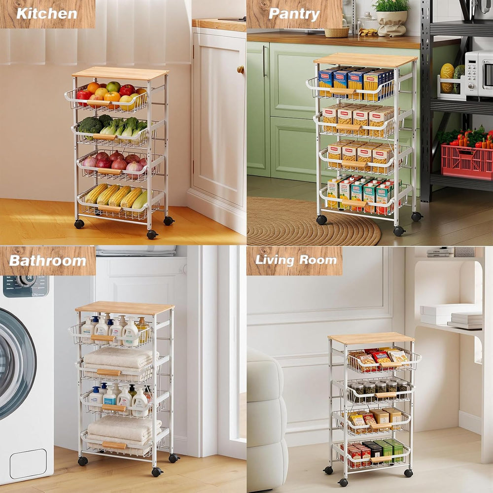 5-Tier Rolling Pantry Floor Storage Cart with Wheels&Wood Top, Large Capa...