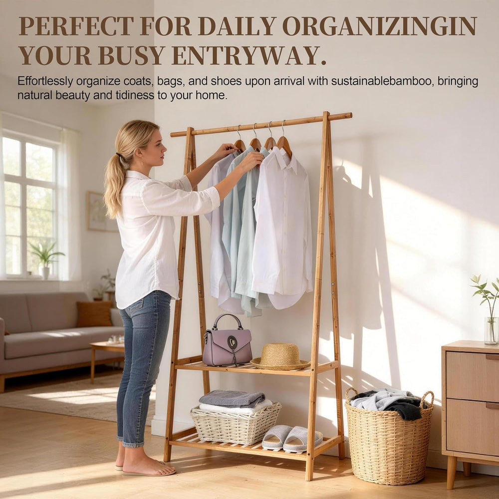 Finnhomy Bamboo Clothes Rack Portable Extra Large Garment Rack 2-Tire Storage...