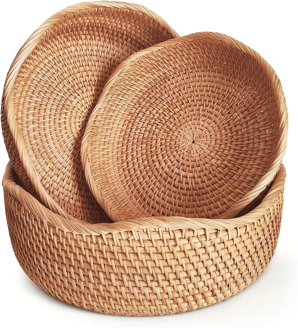 Handwoven Rattan Fruit Basket Wave Set, Wicker Bread Baskets for Serving