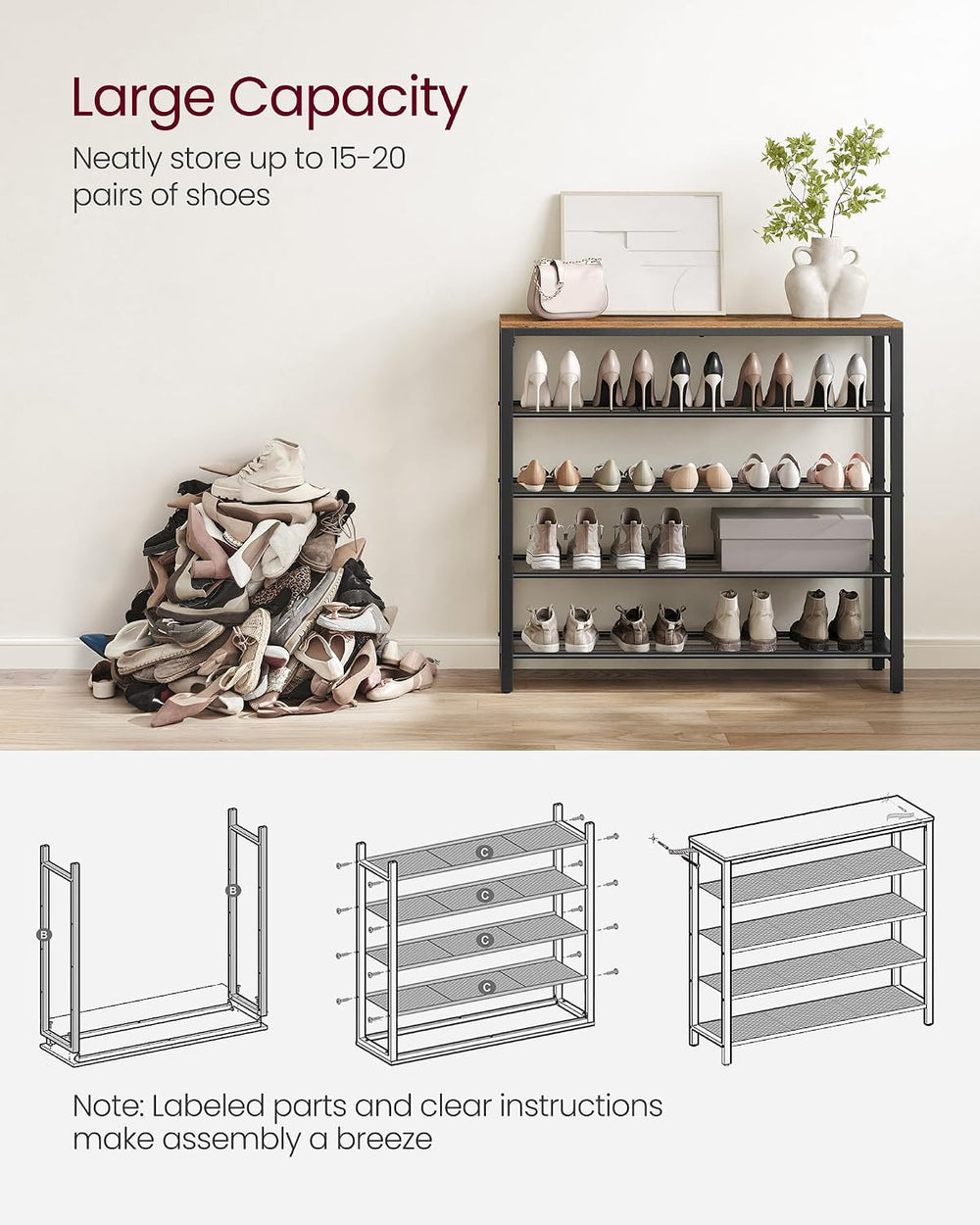 VASAGLE 5-Tier Shoe Rack, 16-20 Pairs, Metal Mesh