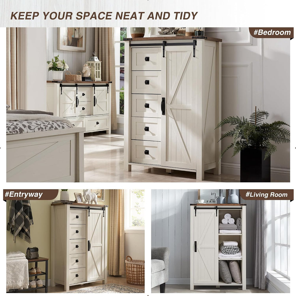 T4TREAM 5 Drawers Dresser with Sliding Barn Doors, Antique White