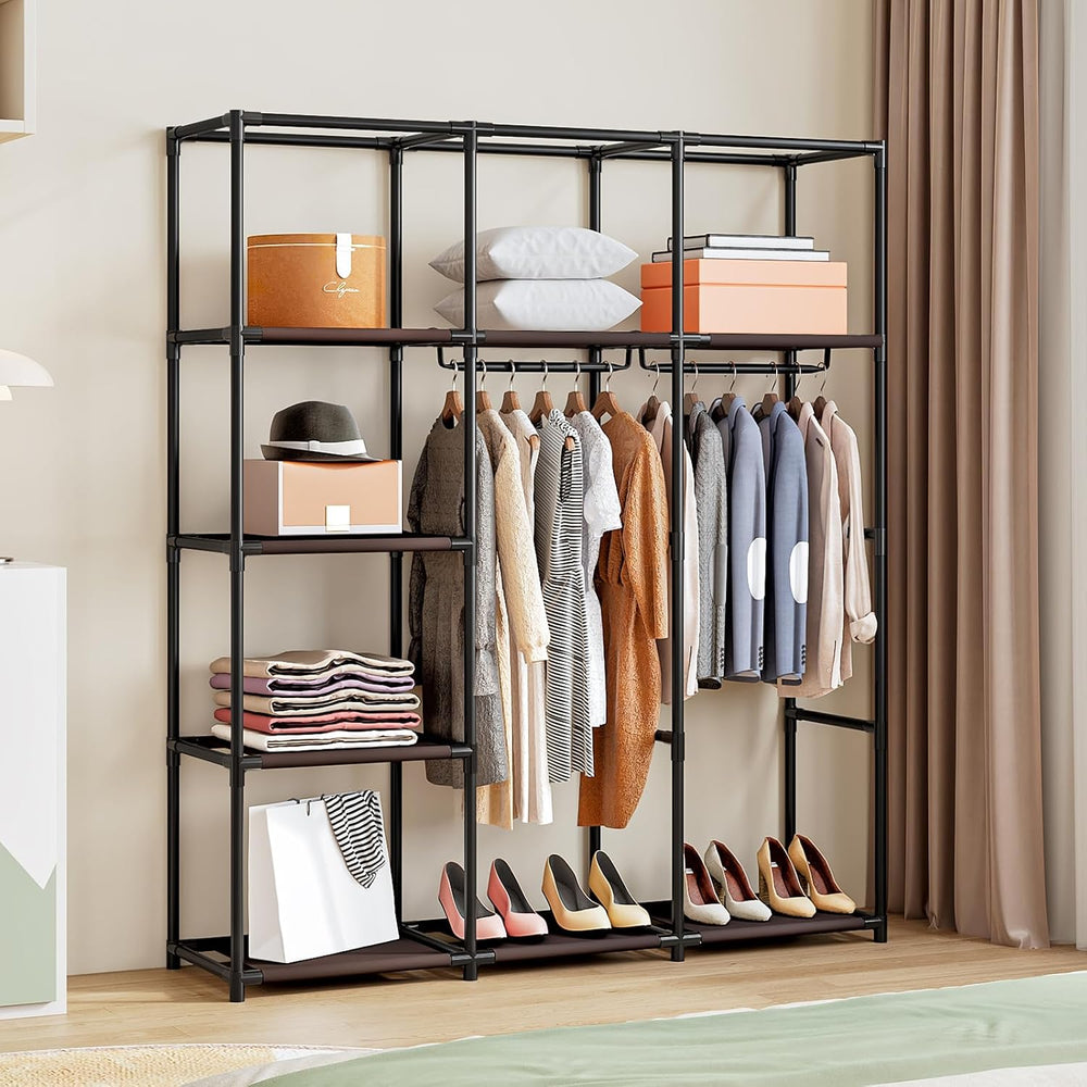 SORCEDAS Portable Closet Wardrobe with Hanging Rods Shelves Clothes Storage