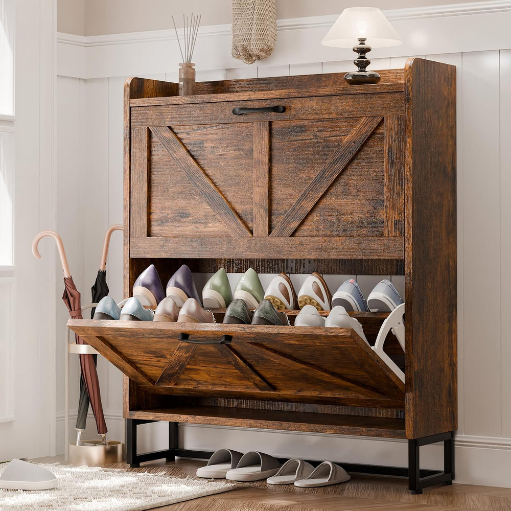 MU Shoe Storage Cabinet with 2 Flip Drawers, Freestanding Shoe Rack Cabinet w...